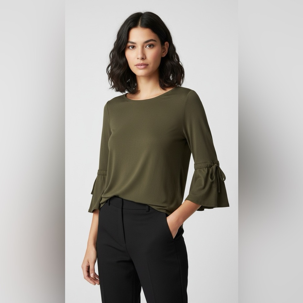 White House Black Market Olive Blouse with 3/4 Flared Bell Sleeve Size XS